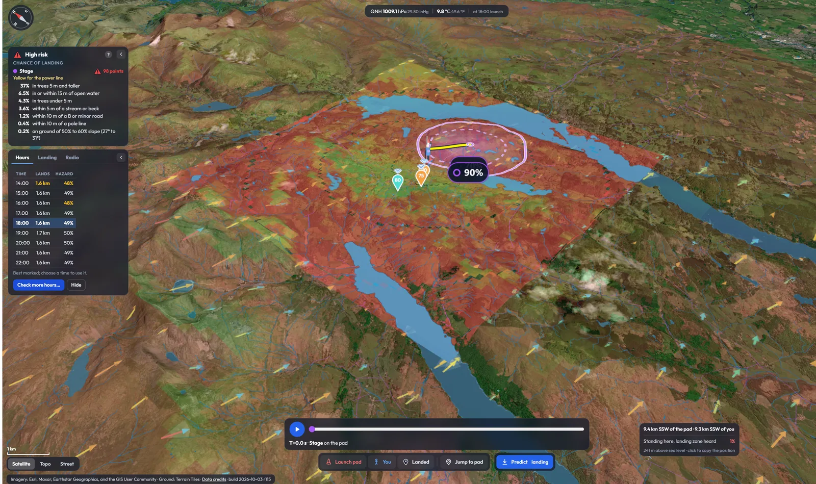 The Launch Site Survey's 3D map of a launch site in the Lake District, with the predicted landing zone, the forecast wind over the ground, the hazard report and the radio pins