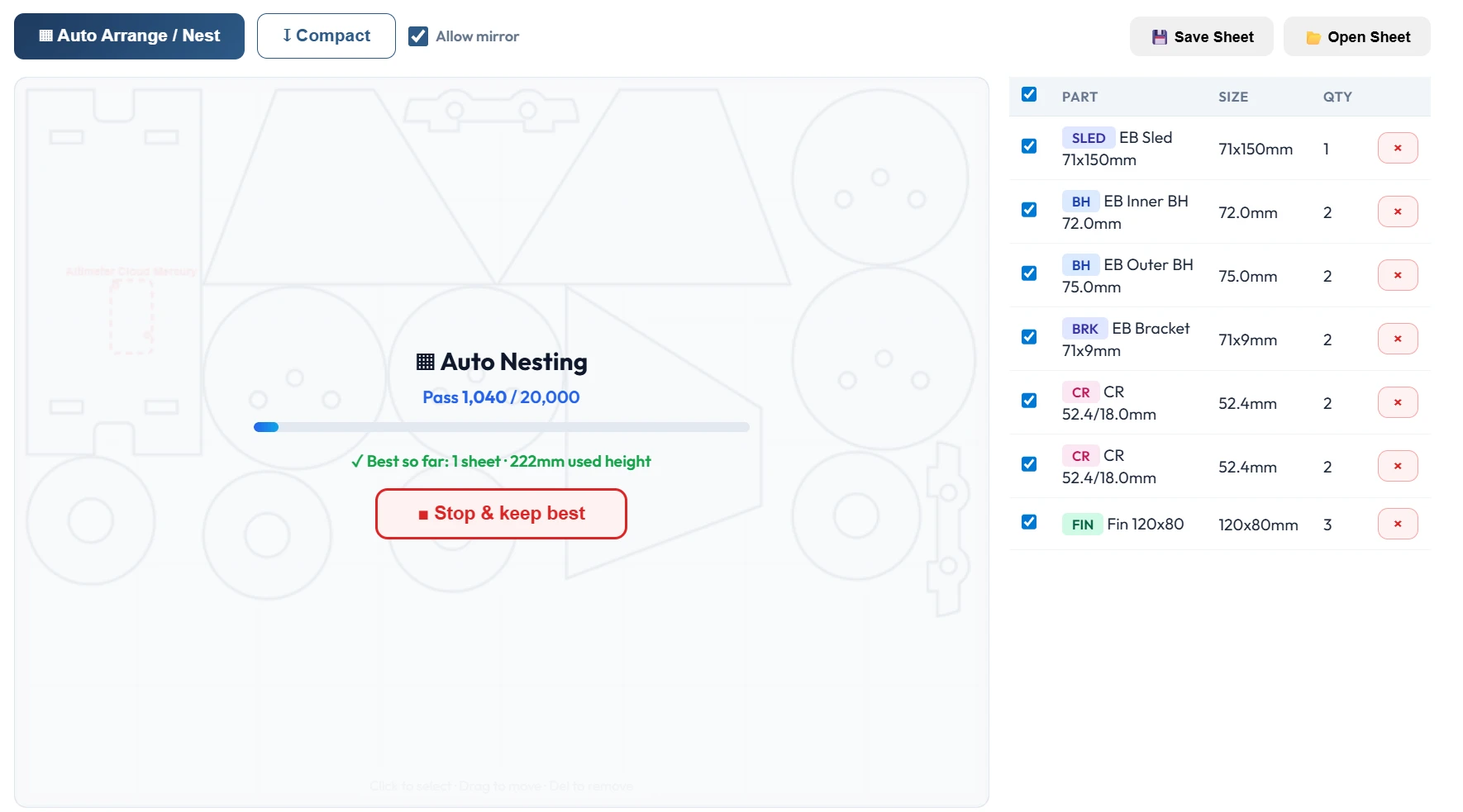 Auto nesting in progress