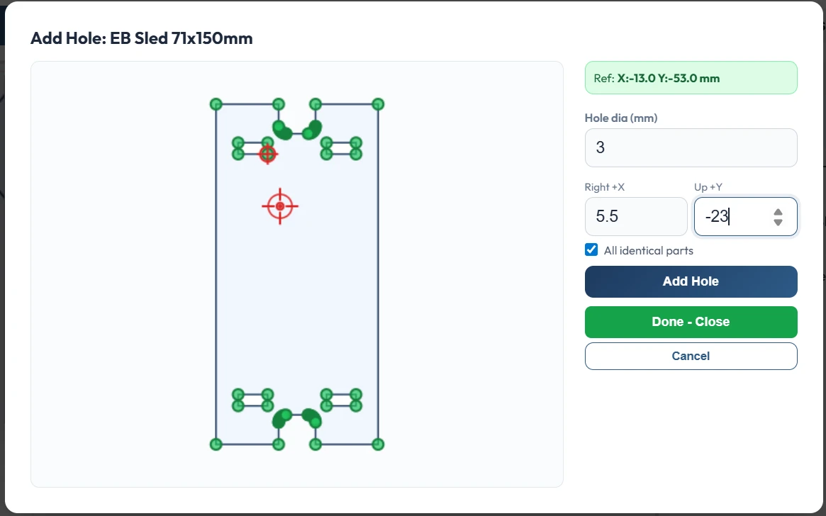 Enter hole position and diameter