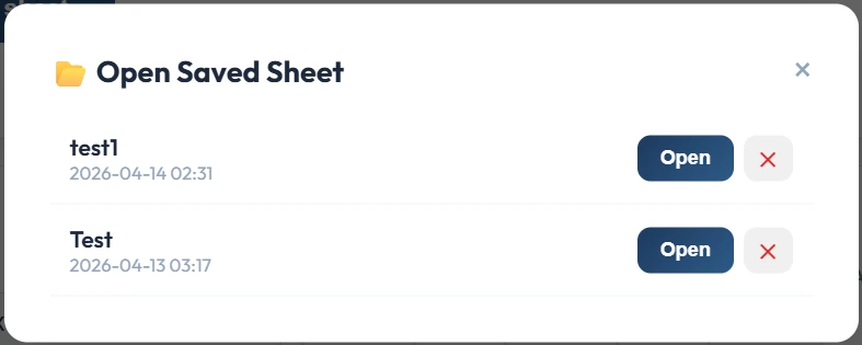Open saved sheet dialog