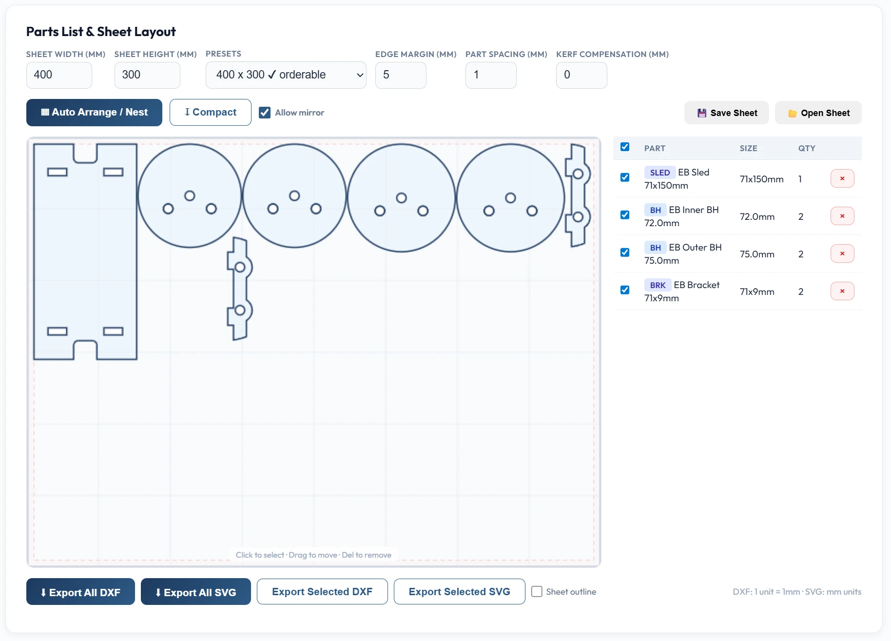 Sheet layout with parts list